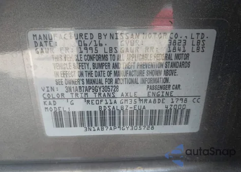 2016 Nissan Sentra S z USA, uszkodzony, nr VIN 3N1AB7AP9GY305728